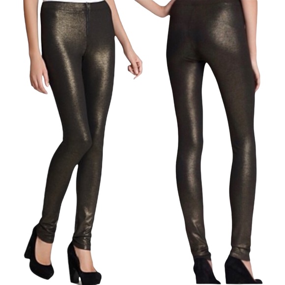 ALICE + OLIVIA Black & Metallic Gold Shimmer Front Zip Leggings - Picture 14 of 14